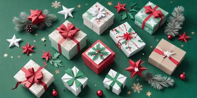 The primary subject of the image is a collection of Christmas presents, which are displayed on a green background. The presents are wrapped in various colors and patterns, creating a festive and joyful atmosphere. The visual style of the image is a combination of photo and digital art, with the presents appearing to be three-dimensional and realistic. The colors and mood of the image are predominantly green and red, reflecting the traditional colors of Christmas.